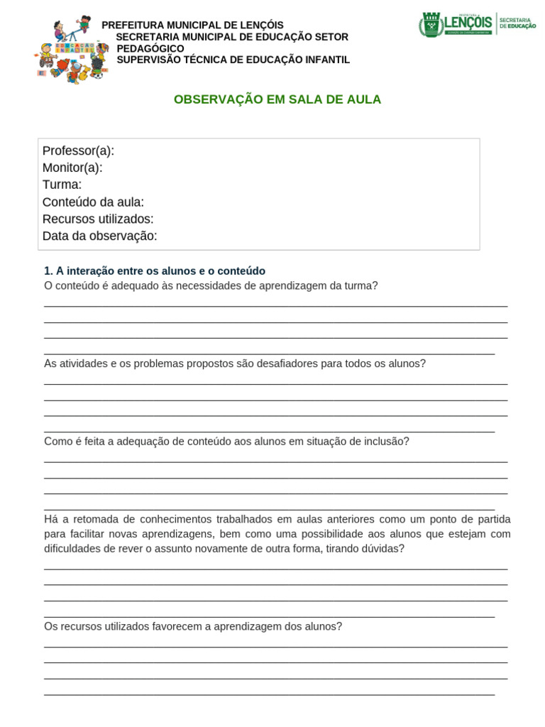 Relatório de Observação em Sala de Aula | PDF | Aprendizado | Lição