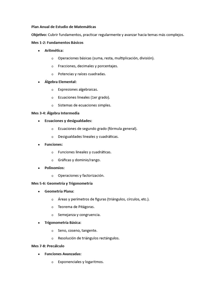 Plan Anual de Estudio en Matemáticas | PDF | Ecuaciones | Integral