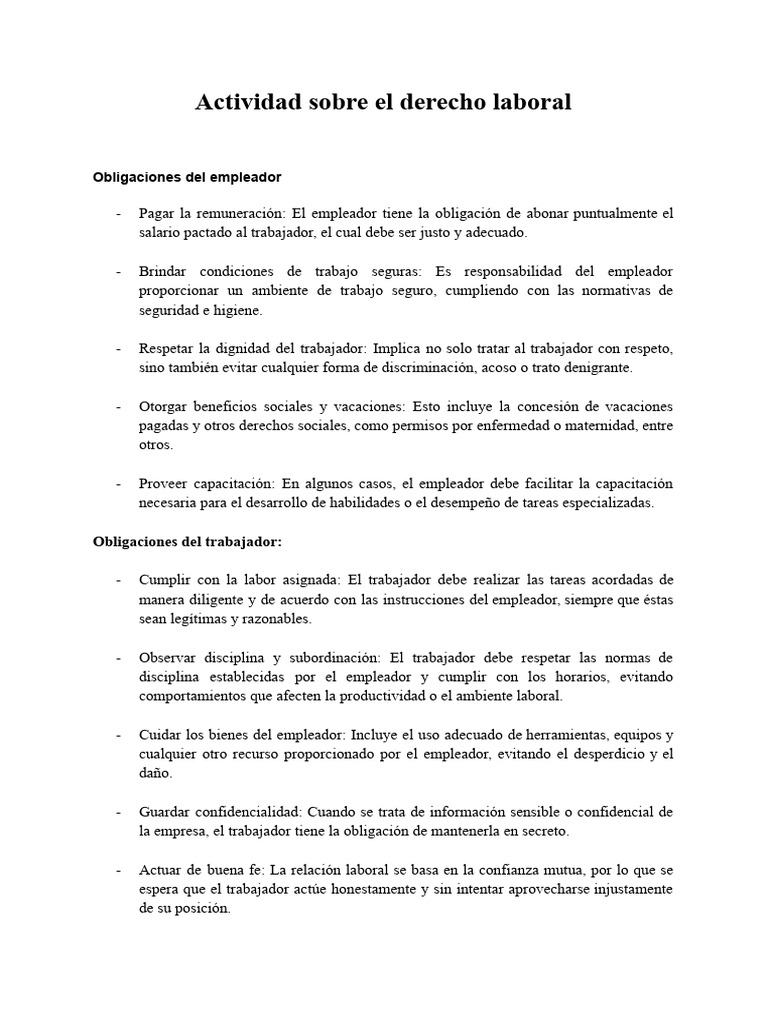 Derechos y obligaciones laborales esenciales | PDF | Derecho laboral ...