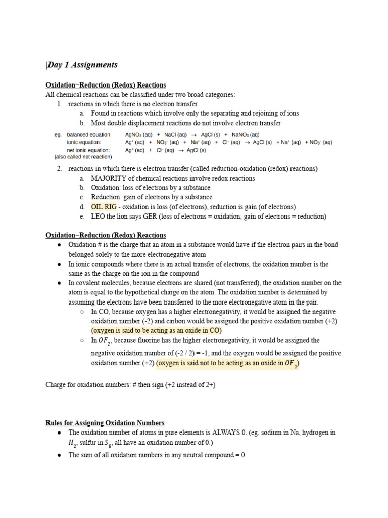 Redox Reactions and Oxidation Numbers Guide | PDF | Redox ...