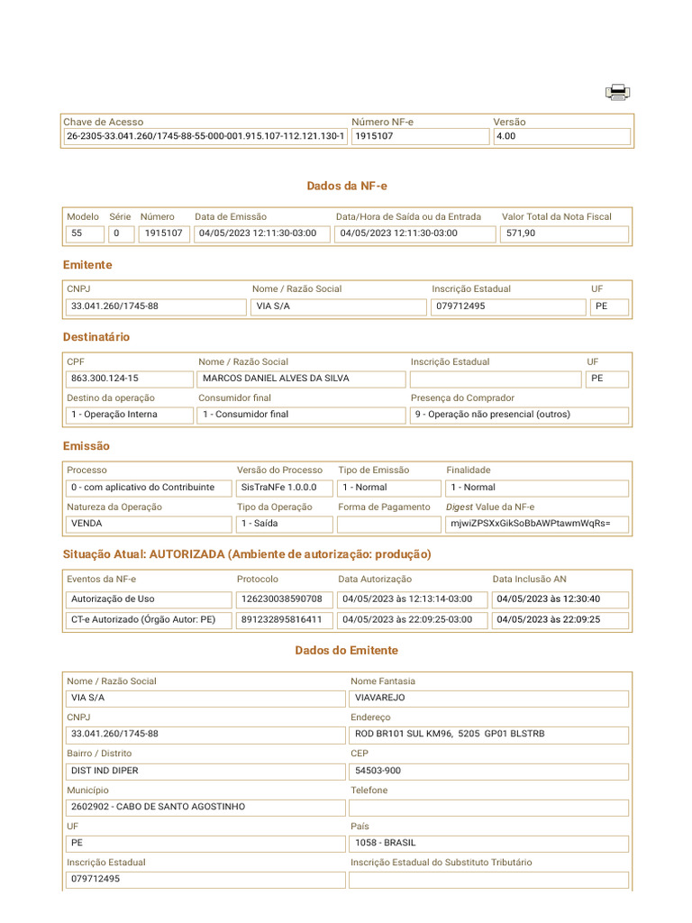 Nota Fiscal Eletrônica VIA S/A 1915107 | PDF