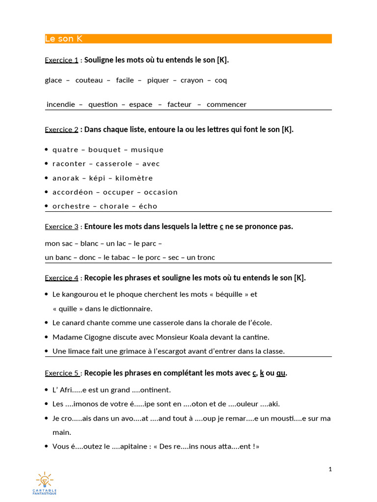 Exercices sur le son K pour CE2 | PDF