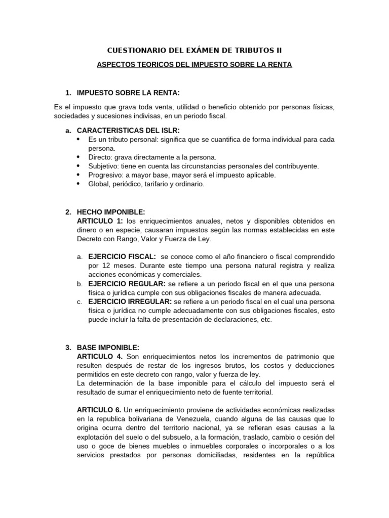 Cuestionario sobre Impuesto sobre la Renta | PDF | Herencia | Impuestos