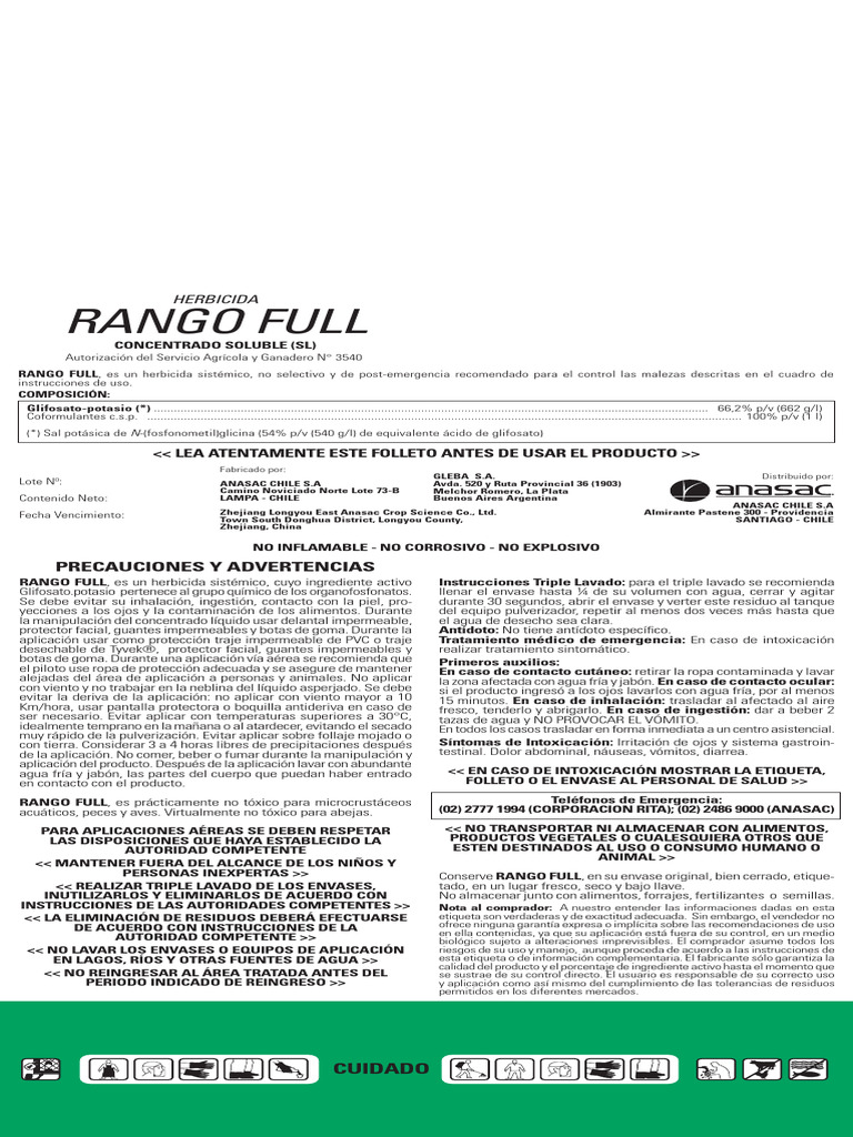 Uso y Precauciones del Herbicida Rango Full | PDF | Agua | Vómitos