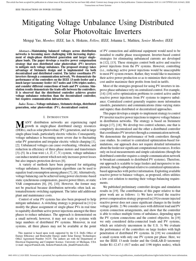 Mitigating Voltage Unbalance Using Distributed Solar Photovoltaic ...