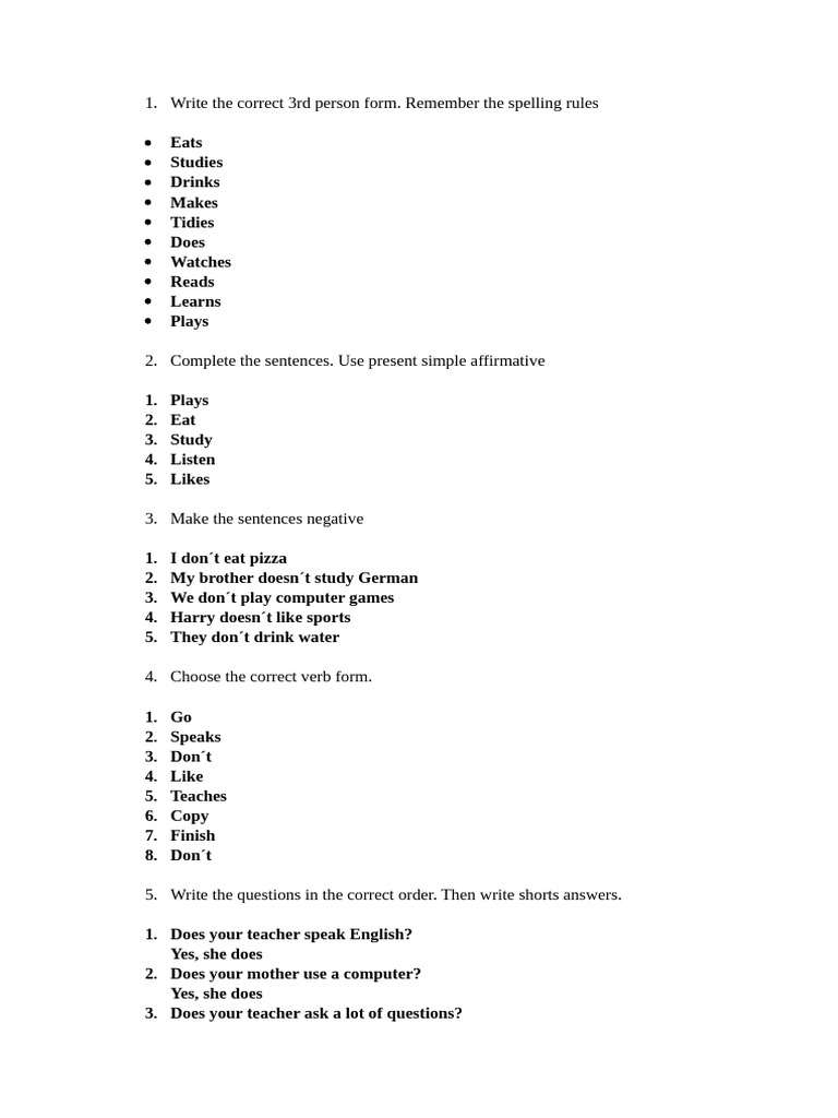 Present Simple Verb Forms Practice | PDF