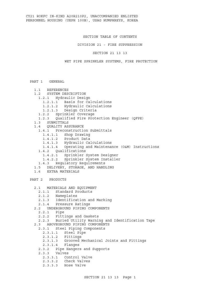 Wet Pipe Sprinkler Systems Spec 21 13 13 | PDF | Pipe (Fluid Conveyance ...