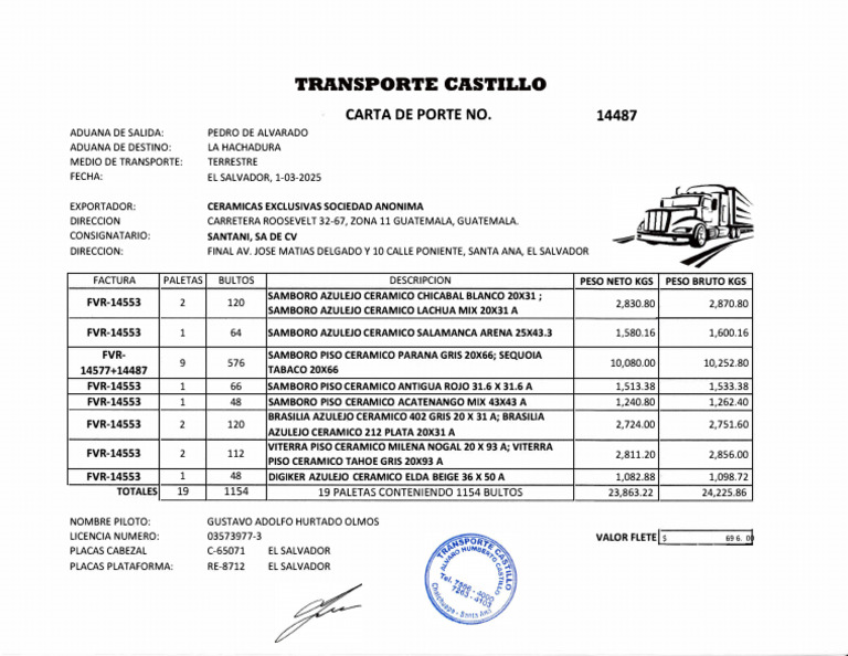 Carta de Porte No. 14487 - Exportación | PDF