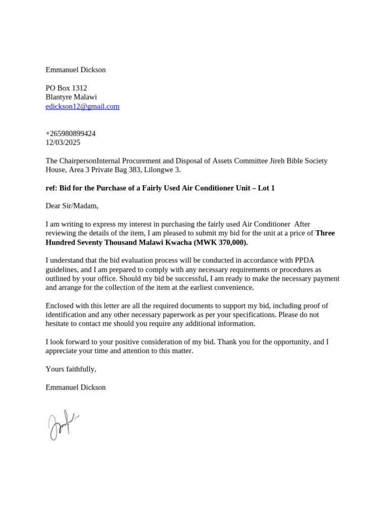 Bid Proposal for Used Air Conditioner | PDF