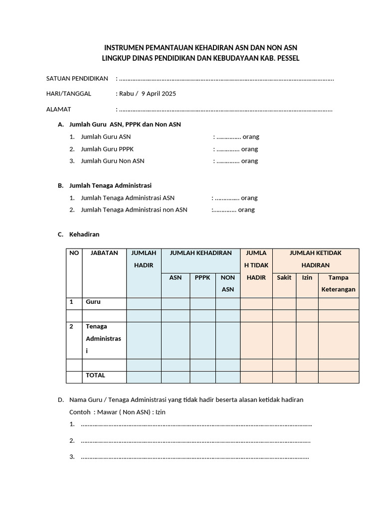 Instrumen Pemantauan Kehadiran Asn Dan Non Asn | PDF