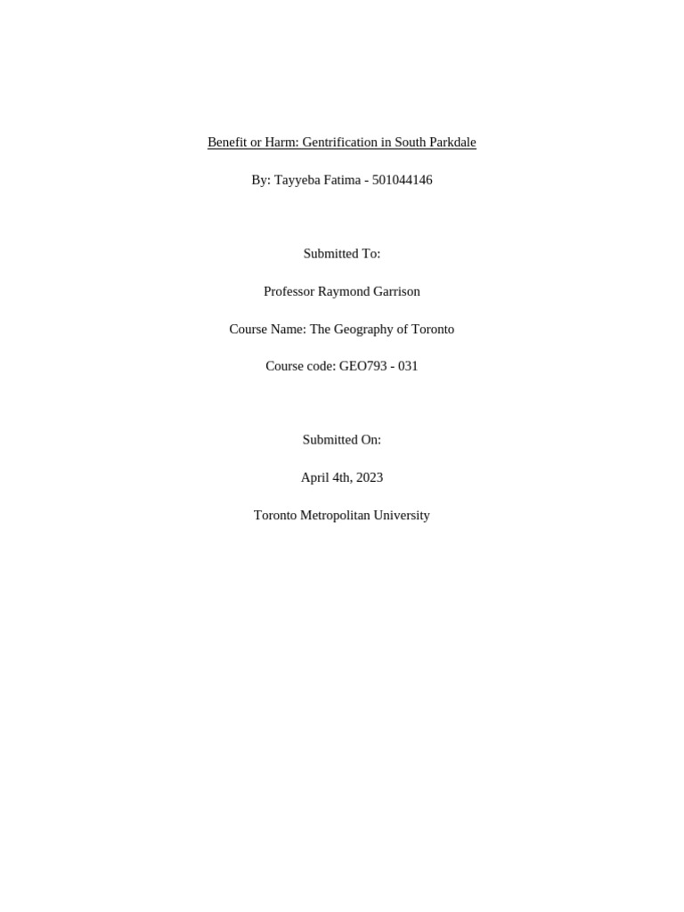 Benefit or Harm - Gentrification in South Parkdale | PDF | Urban ...
