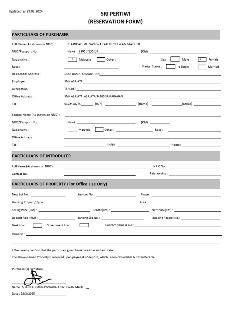 Reservation Form - Sri Pertiwi | PDF