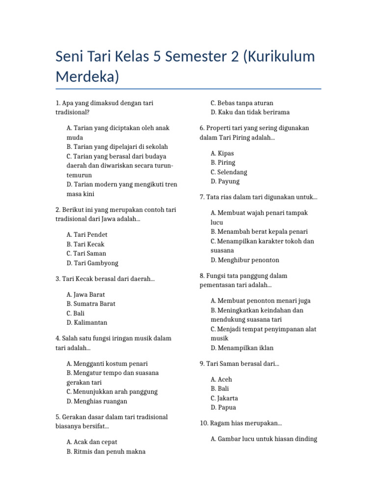 Soal Seni Tari Kelas 5 Semester 2 | PDF
