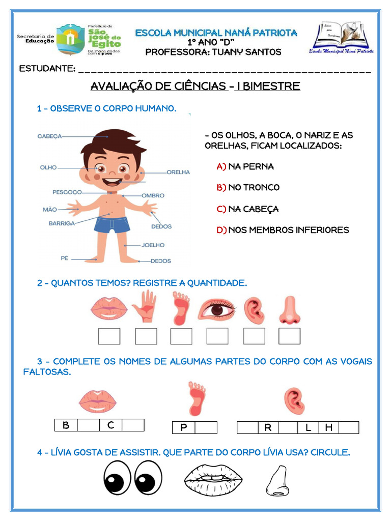 Avaliação de Ciencias I Bi - 1 Ano Nana | PDF