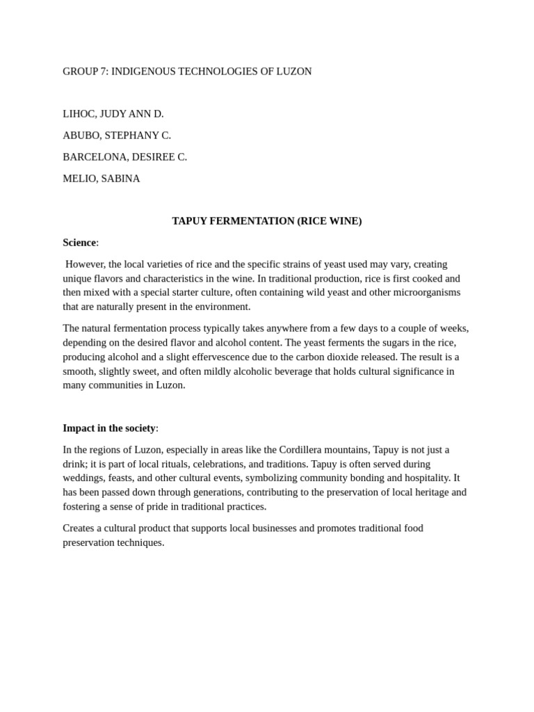 Tapuy Rice Wine: Indigenous Fermentation in Luzon | PDF