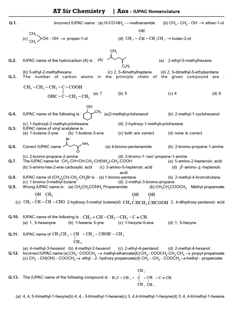 IUPAC Nomenclature Practice Questions | PDF | Methyl Group | Organic ...