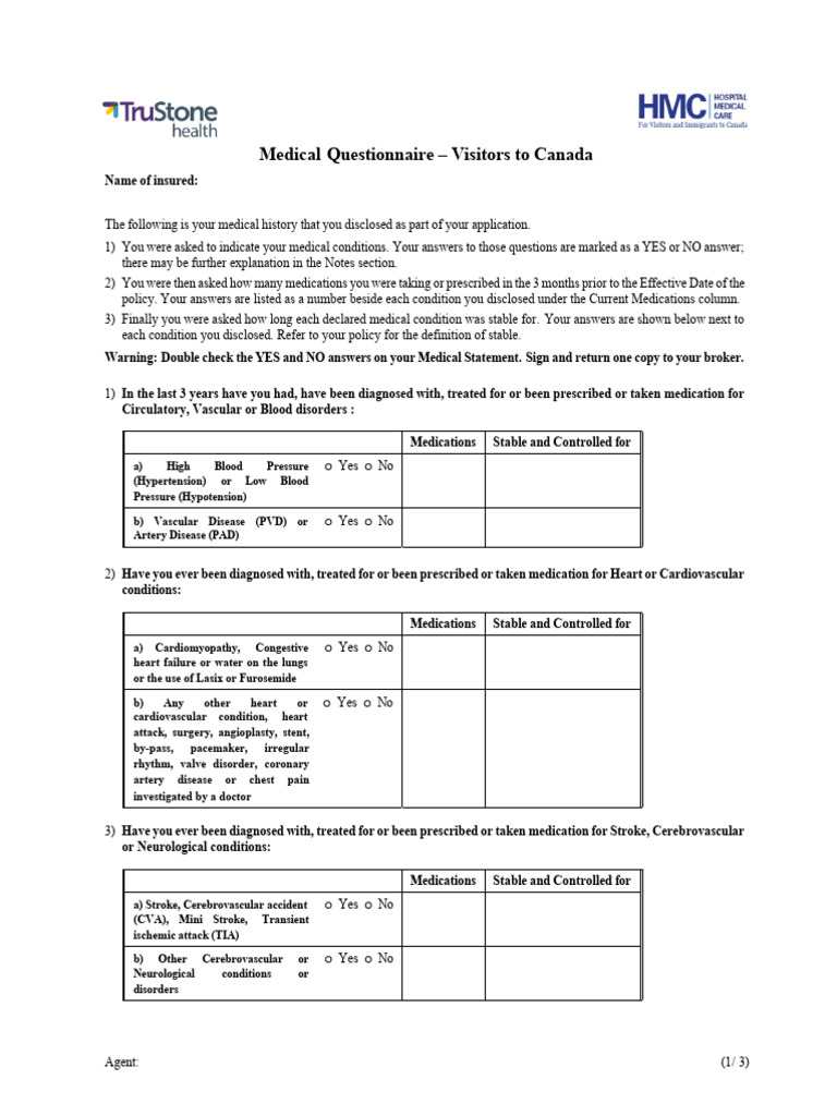 Medical Questionnaire for Canadian Visitors | PDF | Diabetes | Stroke