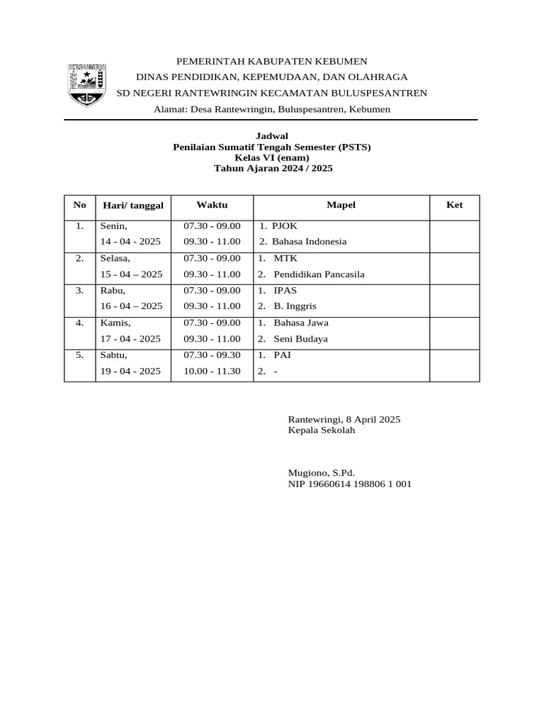 Jadwal PSLM SD - 2024 - 2025 | PDF