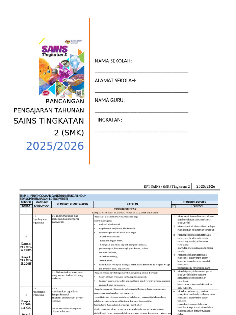 RPT Sains Tingkatan 2 2025/2026 | PDF