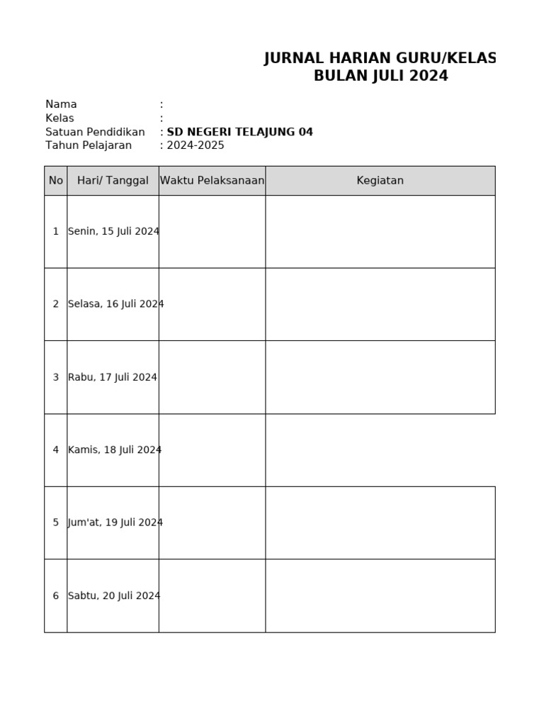Jurnal Harian Kelas SD Juli-Agustus 2024 | PDF