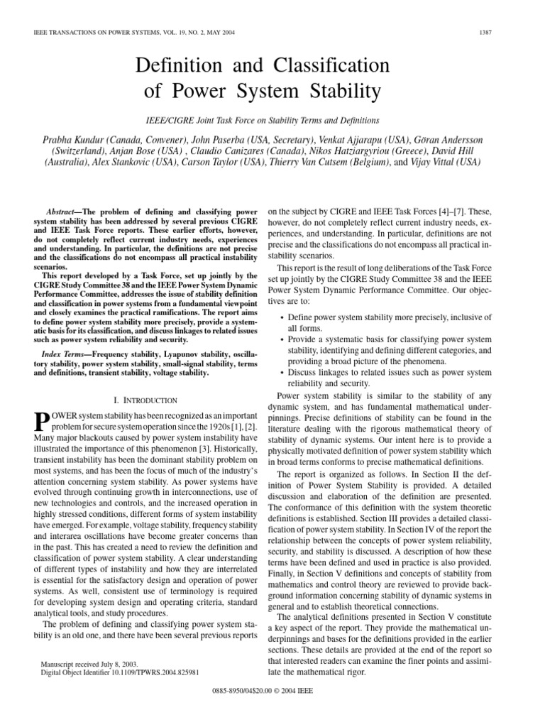 Power System Stability: Definitions & Classifications | PDF | High ...