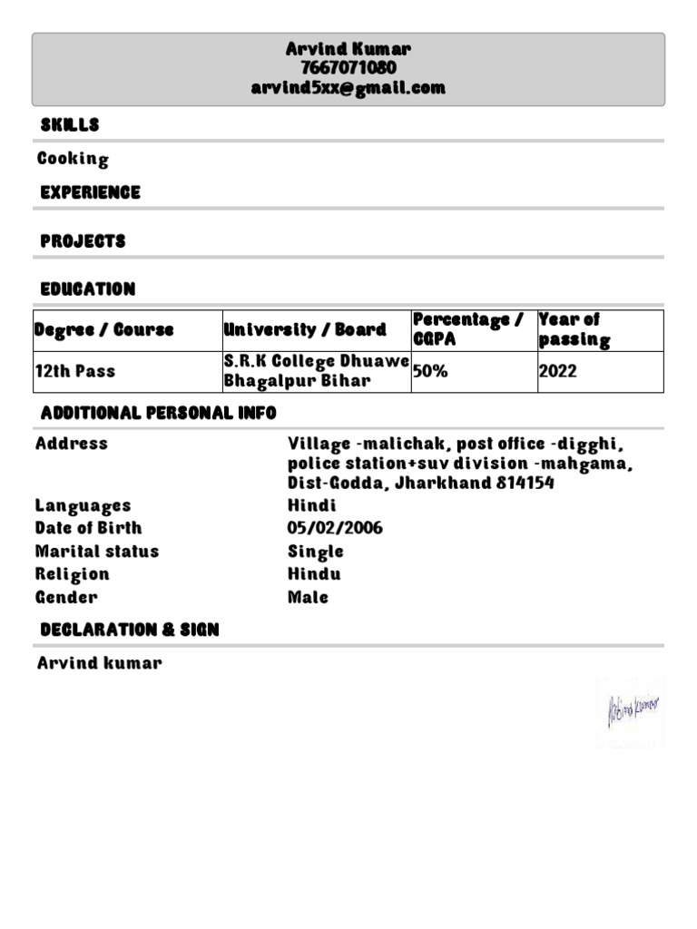 Arvind Kumar: Resume and Skills Overview | PDF