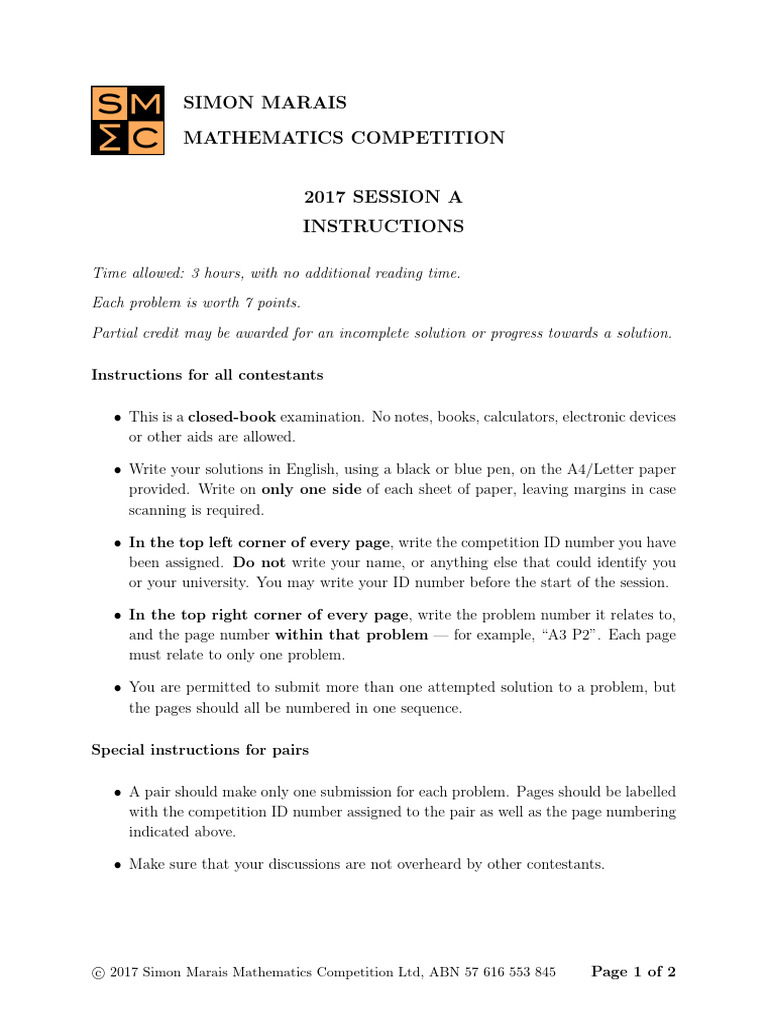Simon Marais Math Competition 2017 | PDF | Triangle | Polynomial