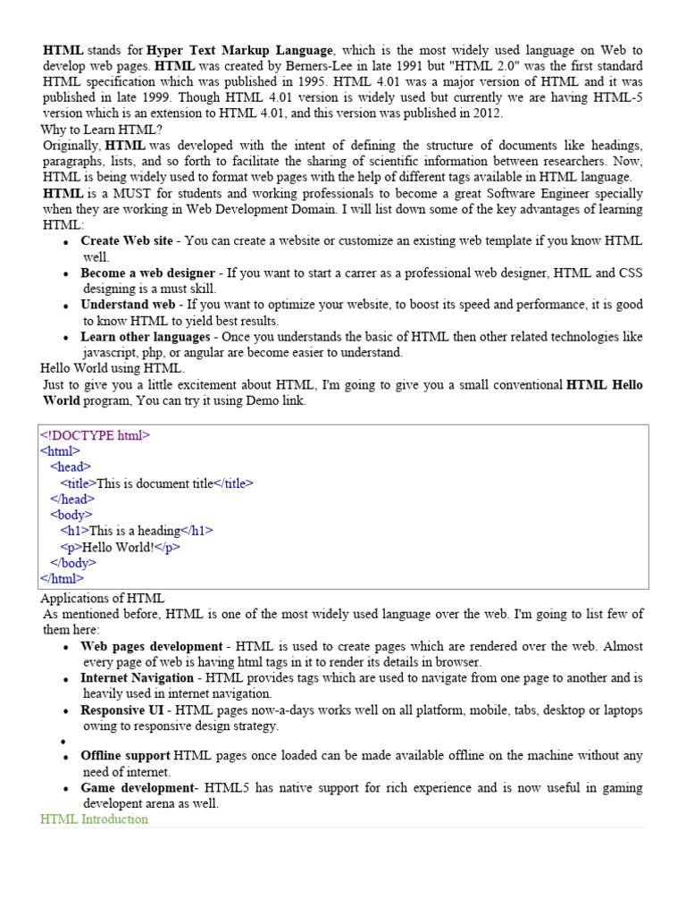 Introduction to HTML Basics and Usage | PDF | Html | Html Element