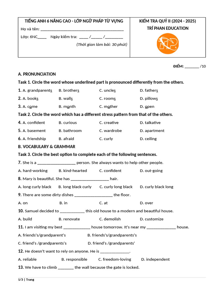 Grammar and Vocabulary Test For Grade 6 - UNIT 1 2 3 4 | PDF | Linguistics