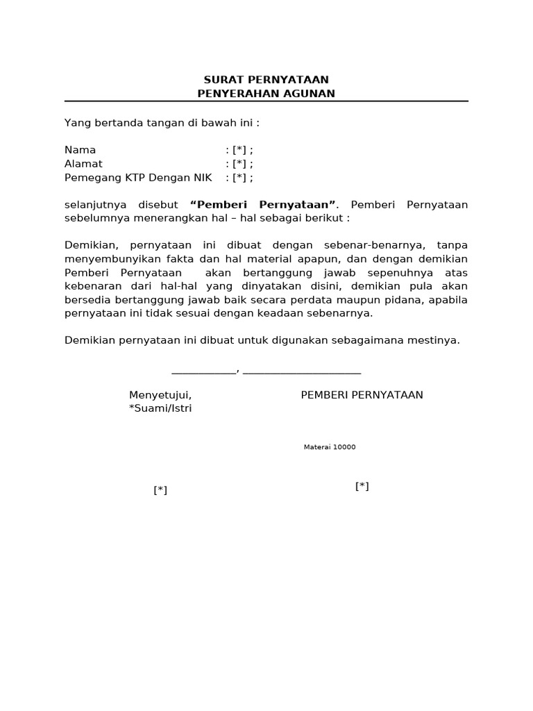 2021 12 31 Draft Surat Pernyataan Penyerahan Agunan Sukarela | PDF