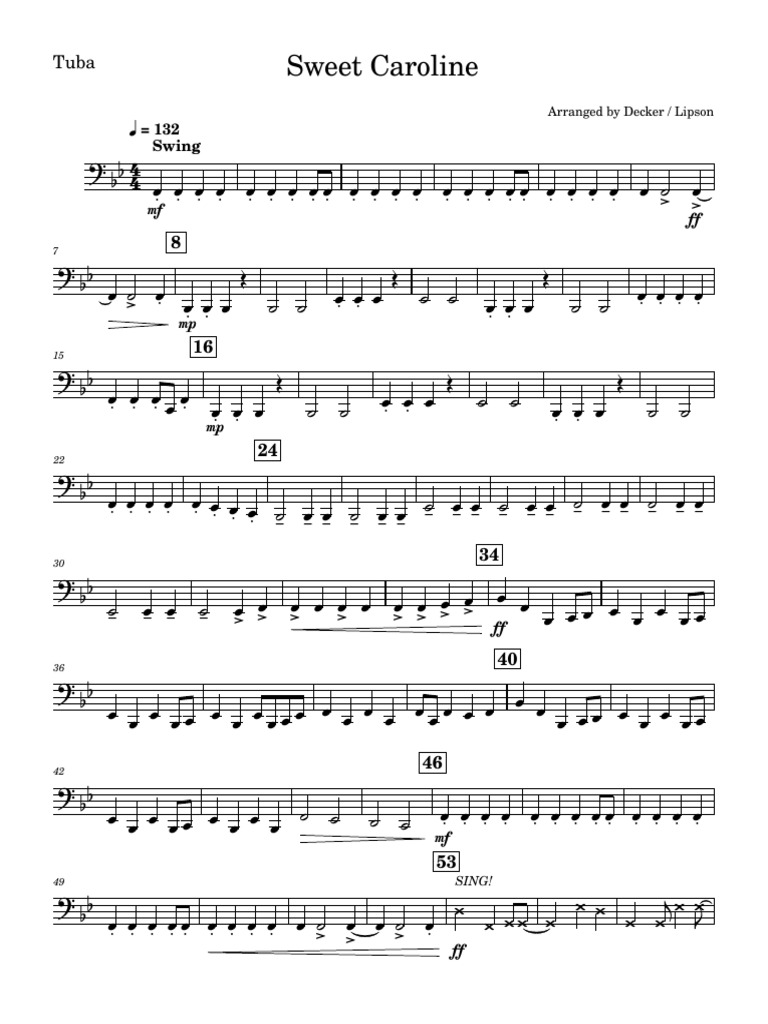 Tuba Arrangement of Sweet Caroline | PDF | Brass Instruments | Aerophones