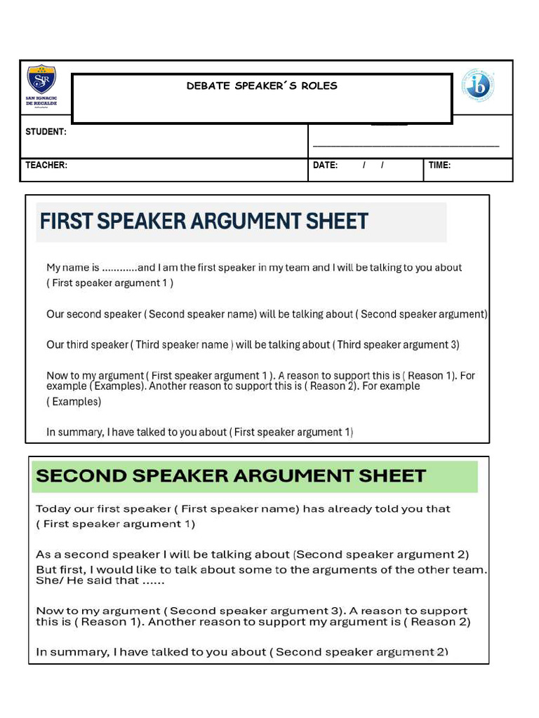 Debate Speakers Roles Worksheet | PDF
