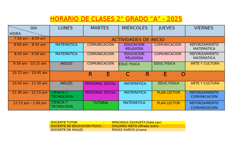 Horario Clases 2° Grado A - 2025 | PDF