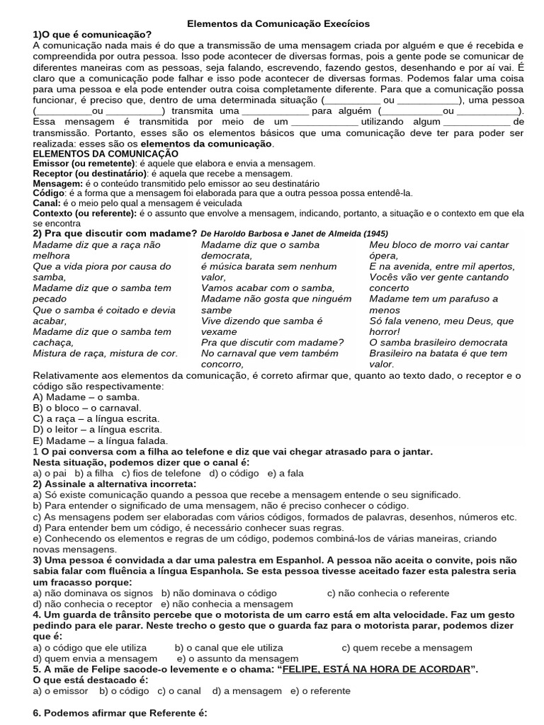 Elementos da Comunicação e Exercícios | PDF | Comunicação
