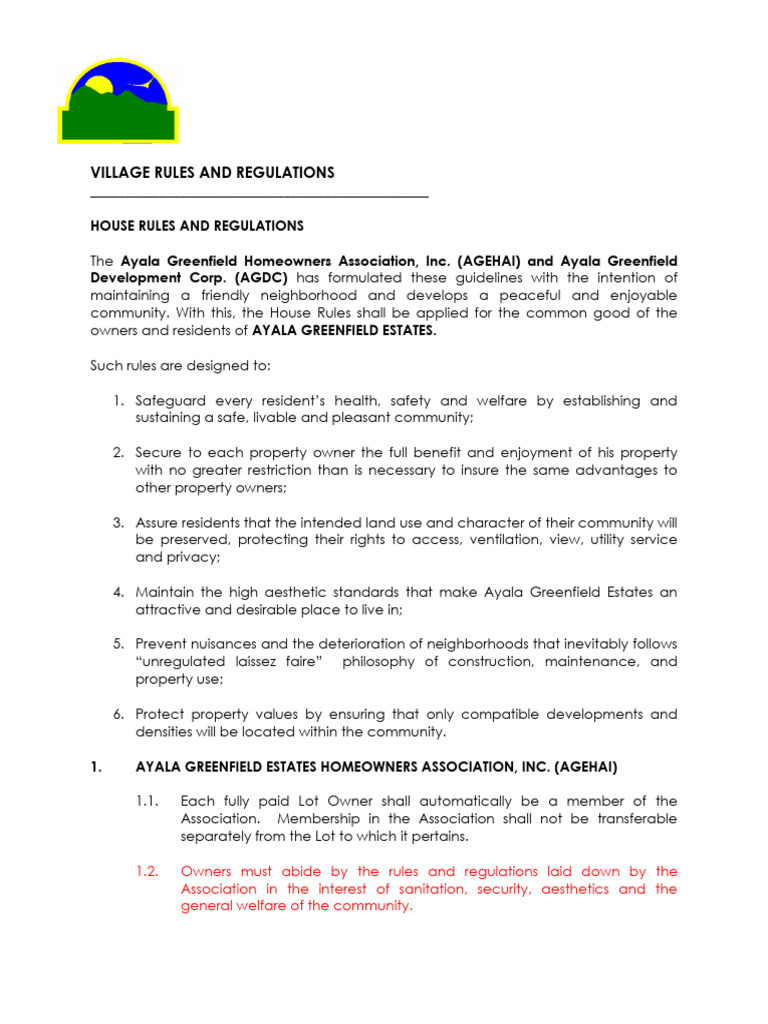 Ayala Greenfield Estates Community Rules | PDF | Lease | Municipal ...