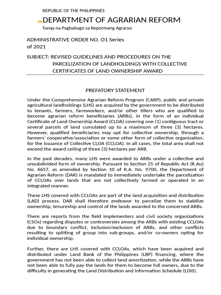 Revised Guidelines for Parcelization of CCLOAs | PDF