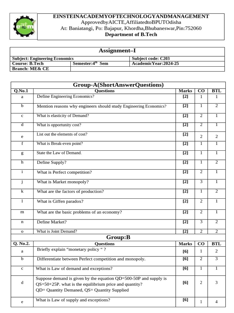 Engineering Economics Assignment Questions | PDF | Demand | Economics