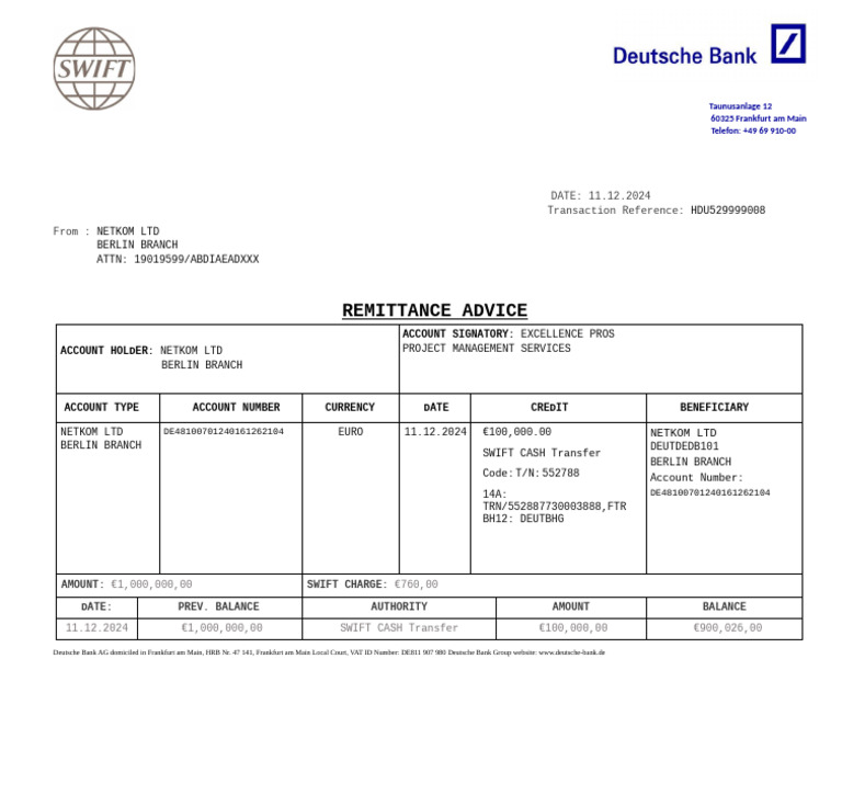 Deutsche Bank Remittance Advice | PDF | Banking | Business