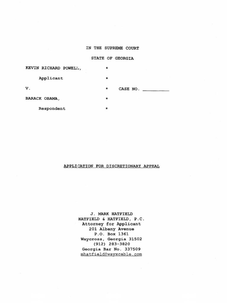Powell V Obama, Application For Discretionary Appeal, Supreme