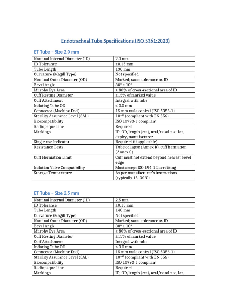 ET Tube Specifications and Cuff Details | PDF | Engineering Tolerance ...