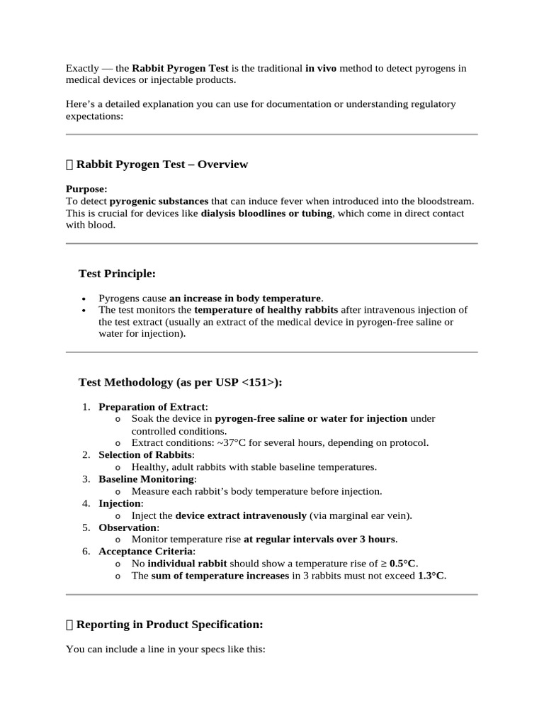 Rabbit Pyrogen Test Overview and Procedure | PDF