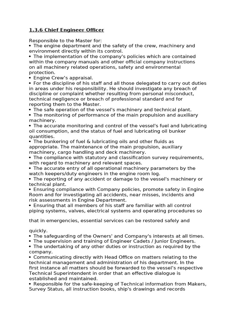 Chief Engineer Officer Responsibilities | PDF | Engines