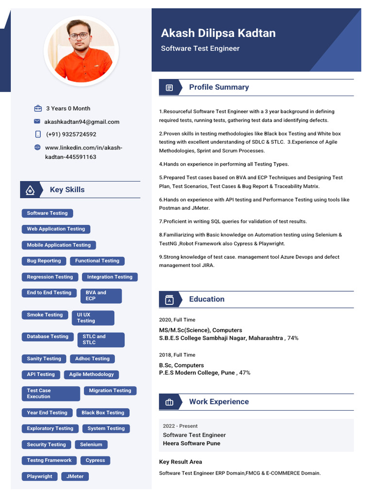 Software Test Engineer Profile: Akash Kadtan | PDF | Software Testing ...