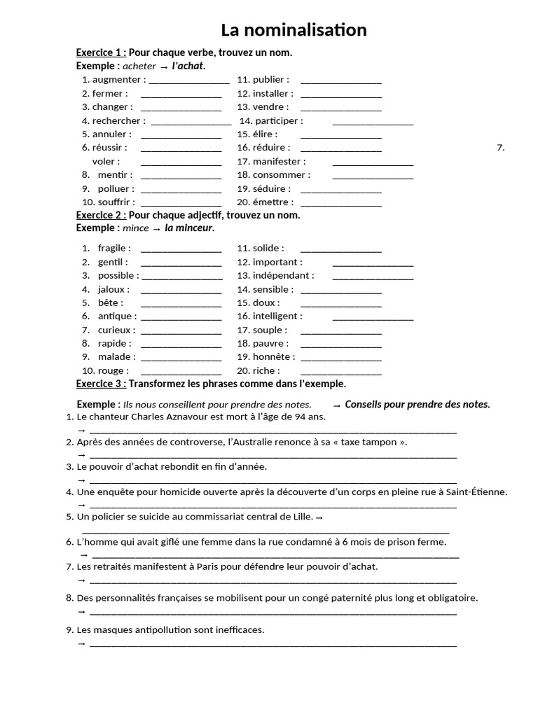 Exercices de nominalisation en français | PDF | Échecs | Théorie (échecs)