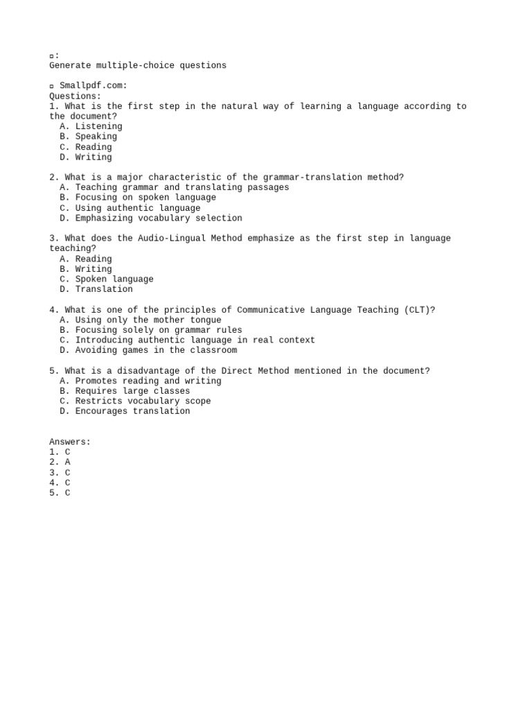 Language Learning Methods Quiz | PDF