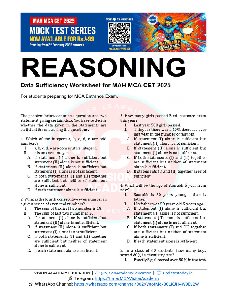 Data Sufficiency Worksheet for MCA CET | PDF | Numbers | Elementary ...