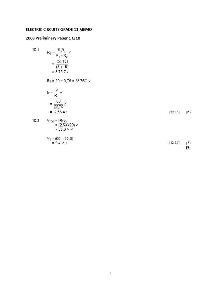 Grade 11 Electric Circuits Exam Memo | PDF
