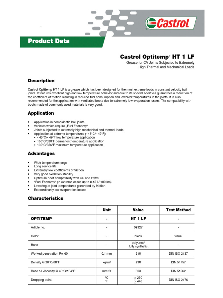 Castrol Optitemp HT 1 LF Grease Data | PDF | Fuel Economy In ...