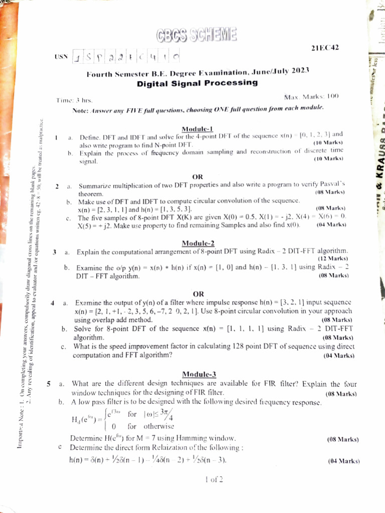 Digital Signal Processing Exam Guide | PDF | Discrete Fourier Transform ...