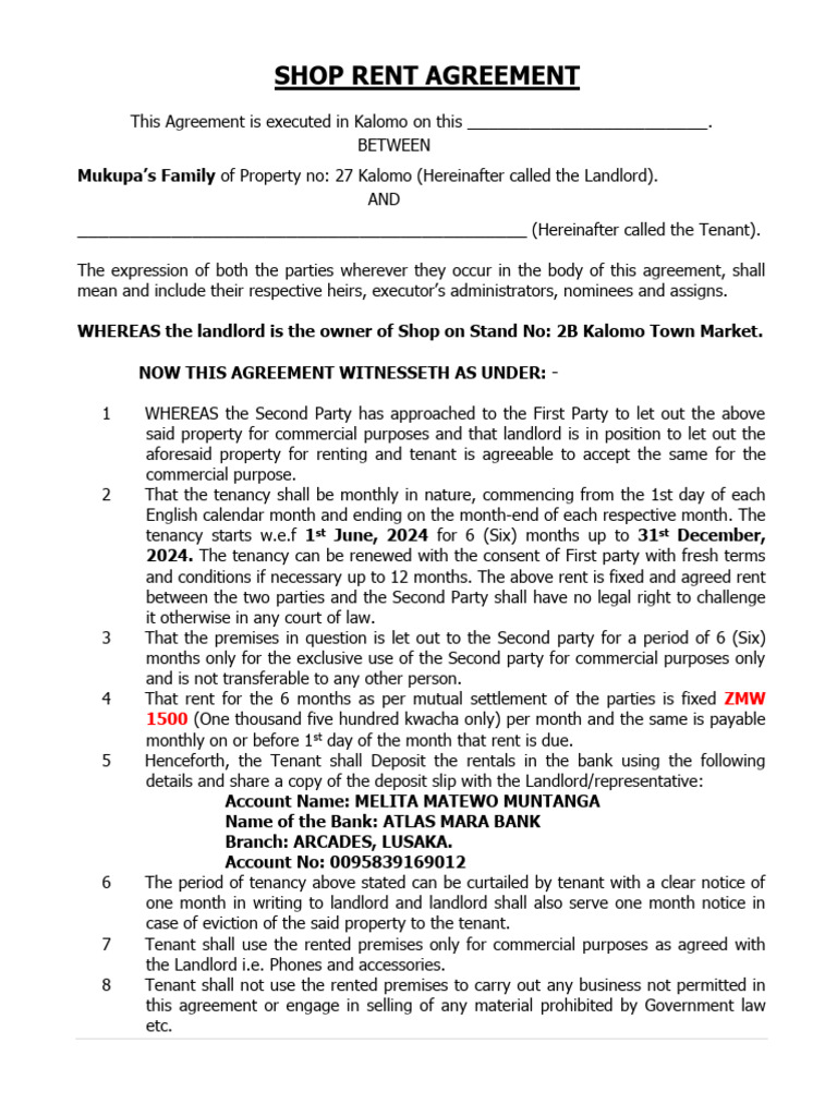 Kalomo Shop Rent Agreement Template | PDF | Leasehold Estate | Lease